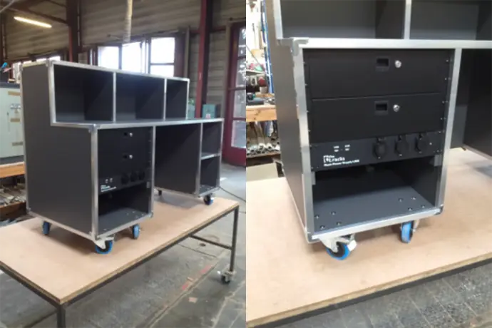 Comptoir mobile professionnel en mélaminé avec tiroirs verrouillables et alimentations intégrées